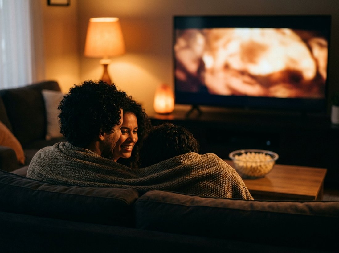 Casal assistindo série em inglês em casa