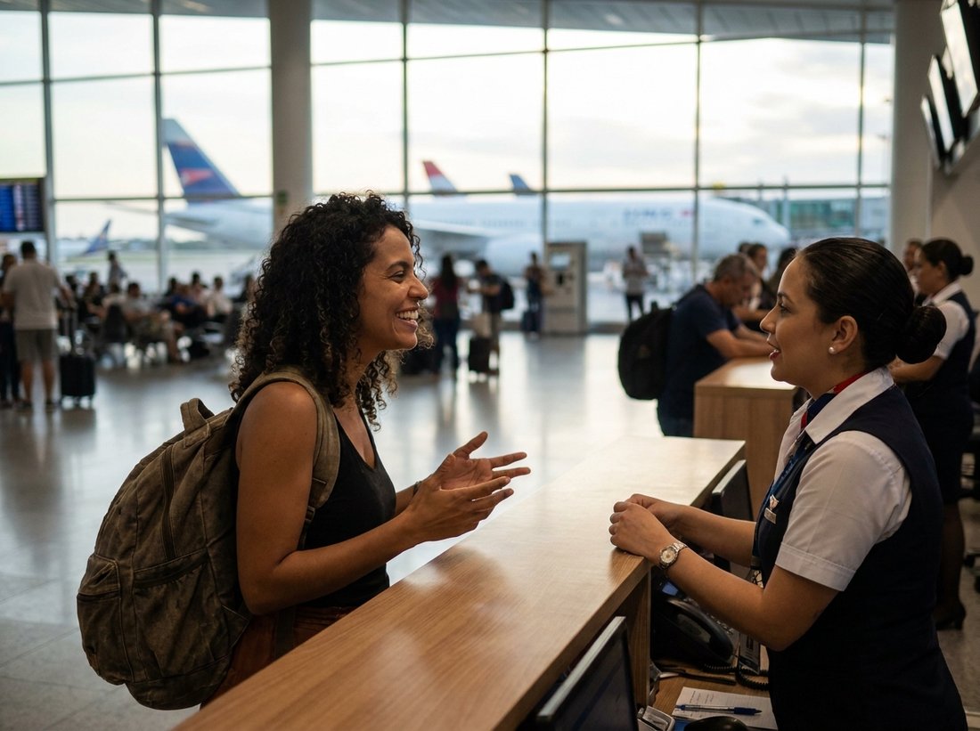 Brasileira conversando em inglês no aeroporto